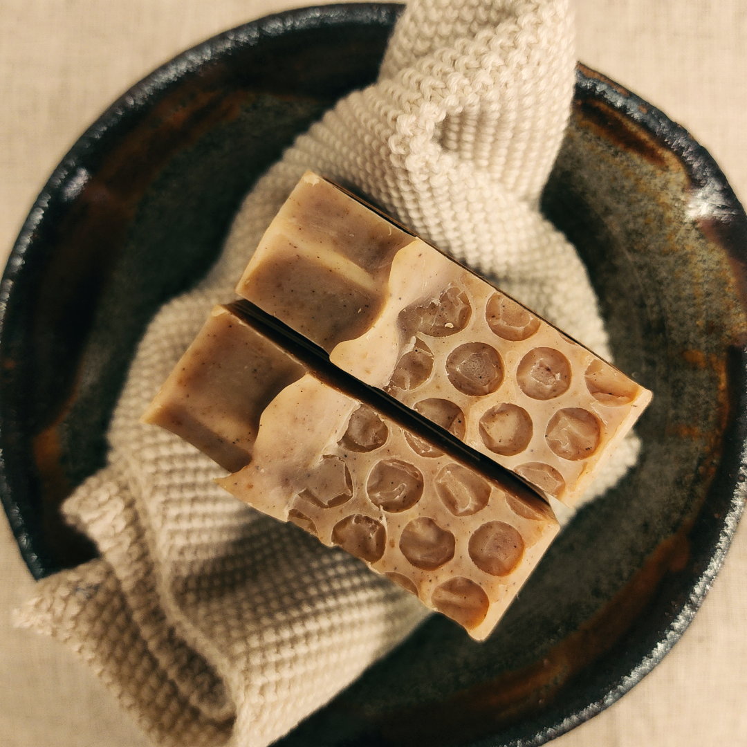 Two Bars of Honeyed Oats handmade cold process soap bar with raw honey, finely ground oats, clove leaf essential oil and a rustic honeycomb top by Wild Folk Soap Co.