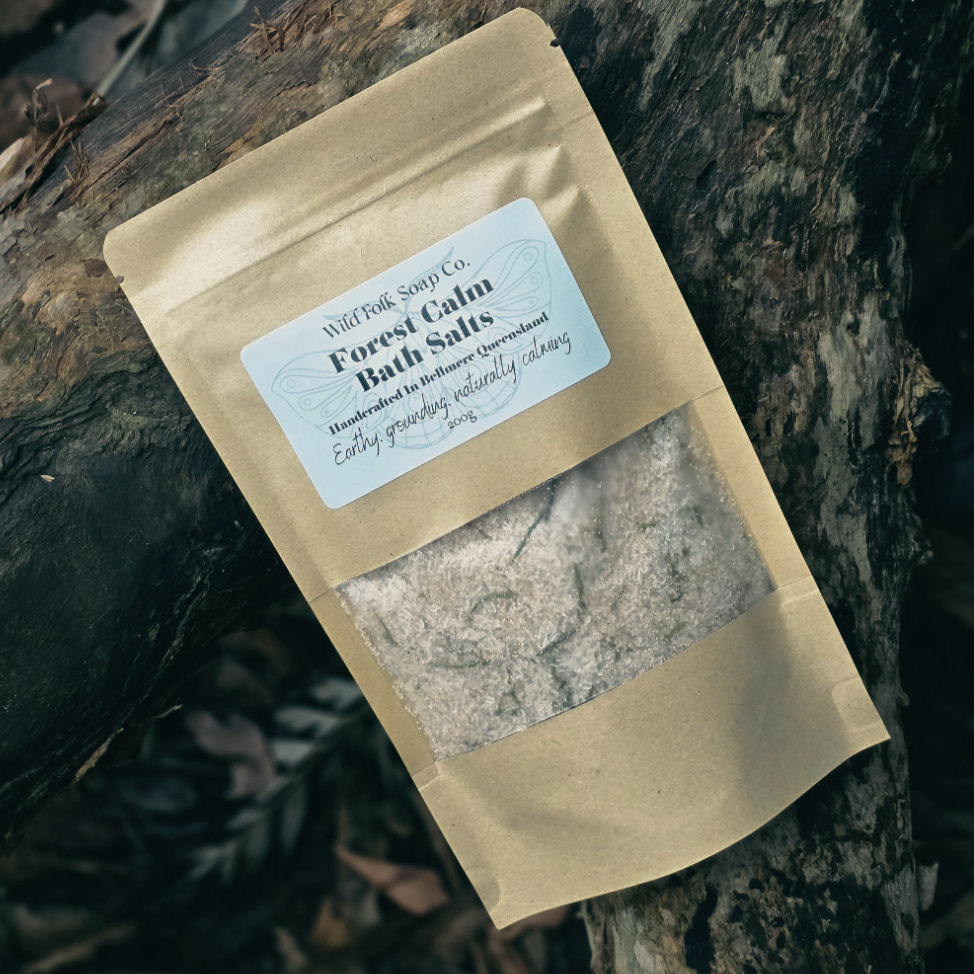 Bag of Forest Calm Bath Salts on a natural background