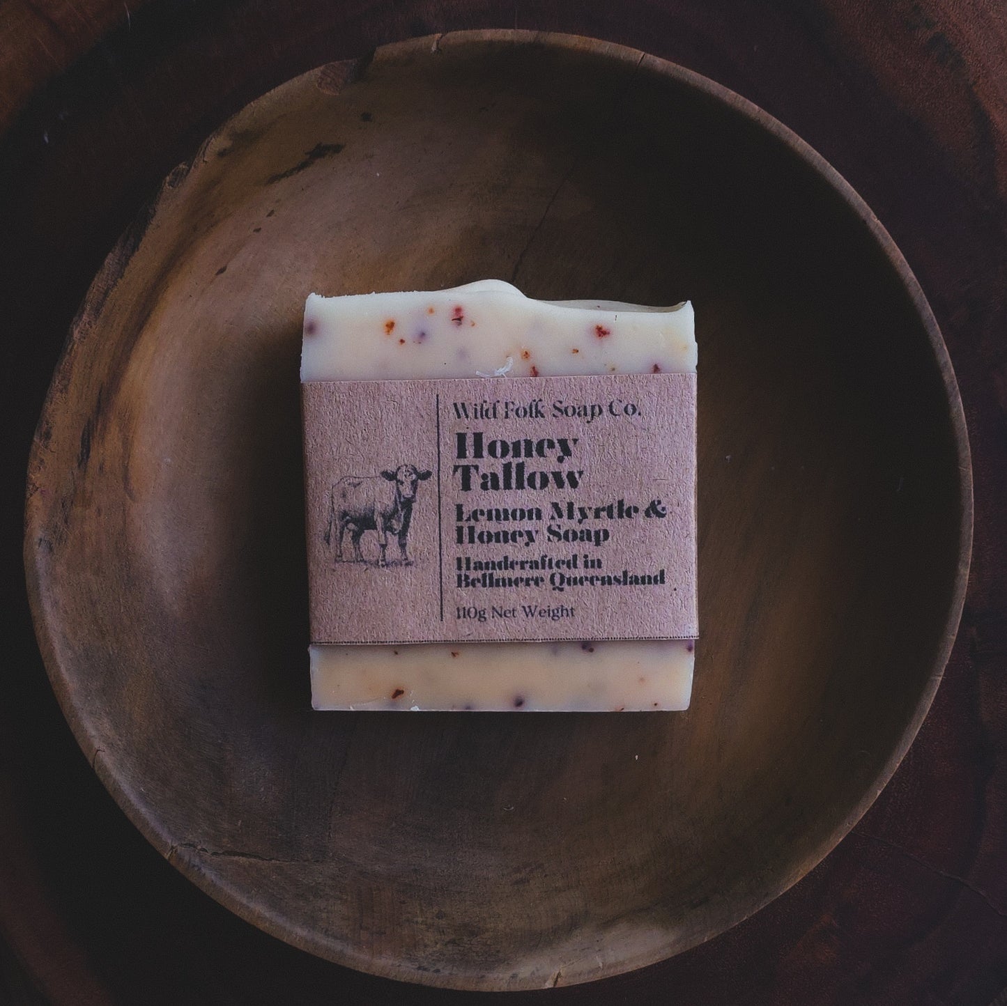 Honey Tallow handmade cold process tallow soap with Australian grass-fed beef tallow and raw honey on a rustic wooden surface by Wild Folk Soap Co.
