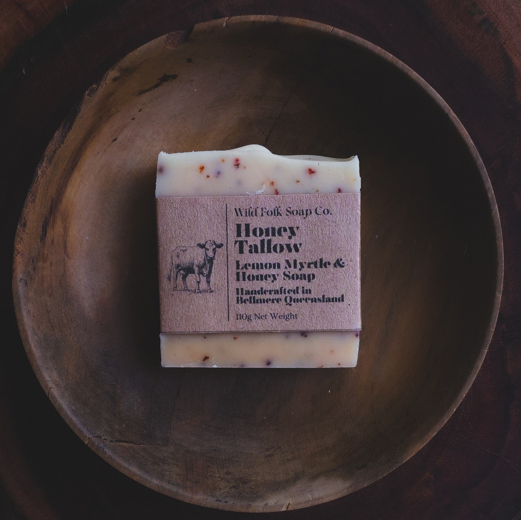 Honey Tallow handmade cold process tallow soap with Australian grass-fed beef tallow and raw honey on a rustic wooden surface by Wild Folk Soap Co.