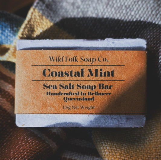Coastal Mint Sea Salt Bar handmade cold process sea salt soap with aloe vera, sea salt and peppermint, spearmint and lime essential oils by Wild Folk Soap Co.