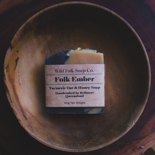 Folk Ember handmade cold process soap bar with activated charcoal, turmeric, honey and sweet orange, patchouli and bergamot essential oils by Wild Folk Soap Co.